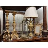 PAIR OF GILDED BAROQUE STYLE PRICKET CANDLE STICKS, GILDED ACANTHUS PHOTOGRAPH FRAME,