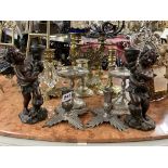 PAIRS OF RESIN CHERUB WITH CORNUCOPIA CANDLE HOLDERS AND OTHER CANDLESTICKS