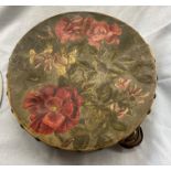 WOODEN TAMBOURINE WITH FLORAL HAND PAINTED SKIN