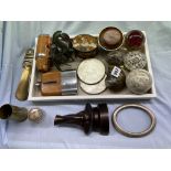 TRAY CONTAINING PAPERWEIGHTS, METALWORK DUCK,