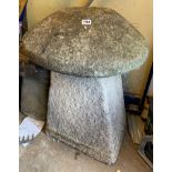 STONEWORK STADDLE STONE WITH DOMED TOP ON A TAPERED SQUARE SECTION BASE 76CM H APPROX