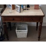 VICTORIAN MAHOGANY SIDE TABLE FITTED WITH TWO DRAWERS ON TAPERED FLUTED RING TURNED LEGS (TOP AS