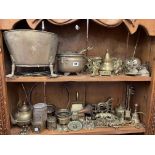 TWO SHELVES OF ASSORTED BRASSWARE INCLUDING GREY HOUND, LETTER RACK, THREE WISE MONKEYS,