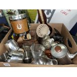BOX CONTAINING GLASS GOBLETS, SONA STAINLESS TEA SERVICE, BAROMETER AND OTHER ITEMS