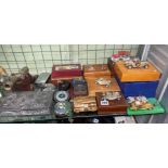 SELECTION OF VINTAGE CAR TOPPED TABLE BOXES AND OTHERS, ORNAMENTAL CANNON, A PEWTER EMBOSSED BOX,