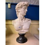 RESIN MOULDED BUST OF DAVID AFTER THE ANTIQUE ON A BLACK SOCLE 53CM H APPROX