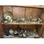 TWO SHELVES OF BRASSWARE, INCLUDING MARTINGALE STRAPS AND LOOSE HORSE BRASSES, HORSE SHOES,