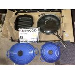 TWO BLUE LE CRESUET CASSEROLE DISHES AND A LE CREUSET SHALLOW FRYING PAN AND A KENWOOD MINI CHOPPER