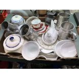 CARTON CONTAINING PEWTER TANKARDS, VICTORIAN CUP AND SAUCER,