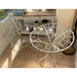 GREY PAINTED METALWORK CIRCULAR WIRE TOPPED PATIO TABLE AND WIREWORK FAN BACKED ELBOW CHAIR