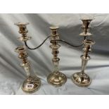 PAIR OF SHEFFIELD PLATED NEO CLASSICAL BEADED CANDLESTICKS 23CM H APPROX AND A SILVER PLATE ON
