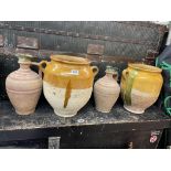 TWO DEMI GLAZED TWIN HANDLED JARS AND COLUMBIAN STYLE POTTERY WATER VESSELS