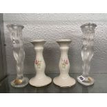 PAIR OF IRISH DONEGAL CREAMWARE CANDLESTICKS AND A PAIR OF GERMAN PRESSED GLASS FIGURAL