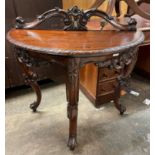 REPRODUCTION MAHOGANY DEMI LUNE SIDE TABLE WITH CARVED ARCHED GALLERY BACK HEIGHT 76CM, DEPTH 41CM,