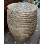 RATTAN BARREL SHAPED LINEN BASKET AND LID