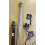 BRASS SQUARE SECTION CURTAIN POLE WITH OCTAGONAL FINIAL 170CM L APPROX AND ANOTHER CREAM CRACKLE