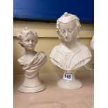 SMALL PLASTER BUST BY A GIANNELLI ON AN ALABASTER SOCLE 24CM H APPROX AND ANOTHER RESIN MOULDED