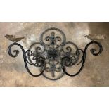 WROUGHT IRON FLORAL CENTRED TWIN BRANCH WALL APPLIQUE