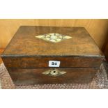 19TH CENTURY WALNUT AND ABALONE INLAID NEEDLE WORK BOX WIDTH 28CM, HEIGHT 14CM, DEPTH 19.