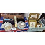 BOX CONTAINING TWO VINTAGE HANDBAGS, PAIR OF COMPORTS, WICKER BASKET OF LITHOGRAPHIC PRINTS,