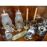 SELECTION OF STAINLESS STEEL WARE, ELECTRIFIED GLASS LAMPS,