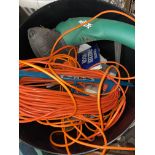 BLACK AND DECKER STRIMMER WITH EXTENSION LEAD CABLE AND BUCKET OF VARIOUS TOOLS