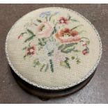 VICTORIAN NEEDLEPOINT VELOUR AND BUTTON FOOTSTOOL ON BUN FEET 27CM DIA APPROX