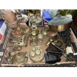 CARTON CONTAINING ART NOUVEAU SPIRIT KETTLE, BRASS TRIVETS AND KNOPPED CANDLESTICKS, TWO FLAT IRONS,