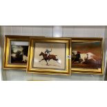 THREE TEXTURED CANVAS GILT FRAMED PICTURES OF EQUESTRIAN SUBJECT