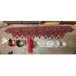 MASQUERADE BALL VENETIAN FACE MASKS AND A CRIMSON AND FABRIC GOLD THREAD TASSELLED PELMET