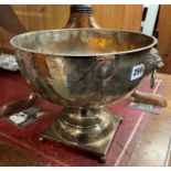 BEATEN SILVER PLATED PEDESTAL PUNCHBOWL WITH LIONS MASK HANDLES