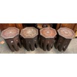 FOUR DAMASCUS CARVED HARD WOOD OCTAGONAL TABLES INLAID WITH MOTHER OF PEARL AND BONE (AS FOUND)