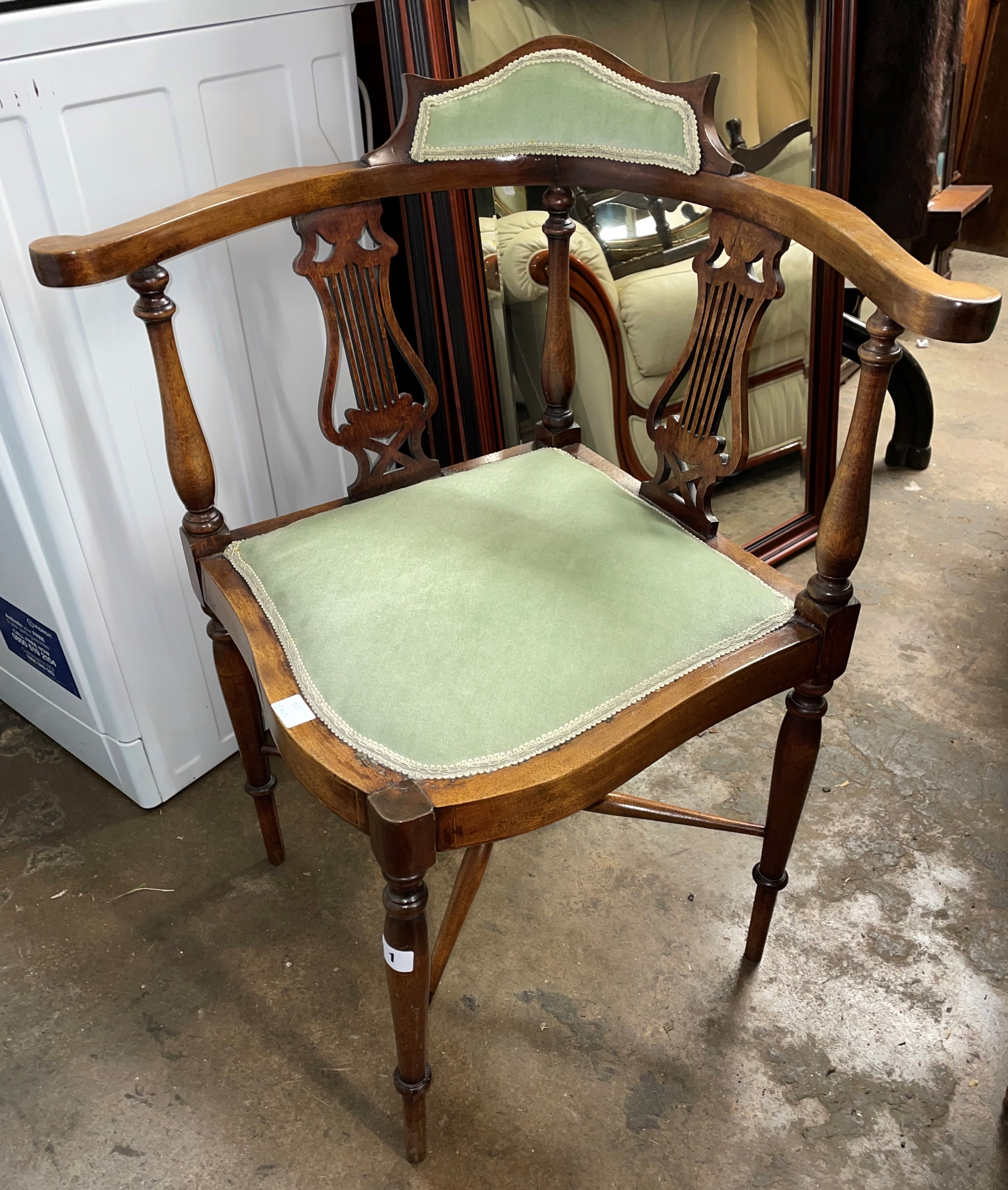 EDWARDIAN BEECH UPHOLSTERED LYRE BACKED CORNER ELBOW CHAIR