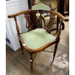 EDWARDIAN BEECH UPHOLSTERED LYRE BACKED CORNER ELBOW CHAIR