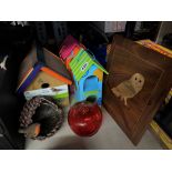 MARQUETRY PANEL OF OWL, TWO PAINTED BIRD BOXES,