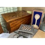 MARQUETRY INLAID WOODEN BOXED AND A SMALLER EBONY AND IVORY PATTERN BOX,