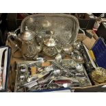 CARTON - EPNS AND METALWARE INCLUDING SILVER PLATED TEA AND COFFEE KETTLES, SERVING TRAY, CUTLERY,