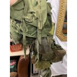 TWO MILITARY WEBBING BACK PACKS, WATER BOTTLES, NETTING,