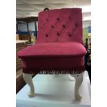 RED BUTTONED FRINGED DRALON BEDROOM CHAIR ON WHITE CABRIOLE LEGS