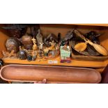 SHELF OF CARVED TREEN HEADS, ANIMAL FIGURES,