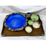 WOODEN SERVING TRAY WITH MALING LUSTRE BOWL, SMALL VASE,