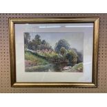 SIGNED WATERCOLOUR TITLED "BY THE RIVER SOWE, STONELEIGH, WARWICKSHIRE, 1932" BY H.E.
