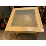 LIGHT WOOD SQUARE SECTION COFFEE TABLE WITH GLASS INSERT AND UNDER TIER
