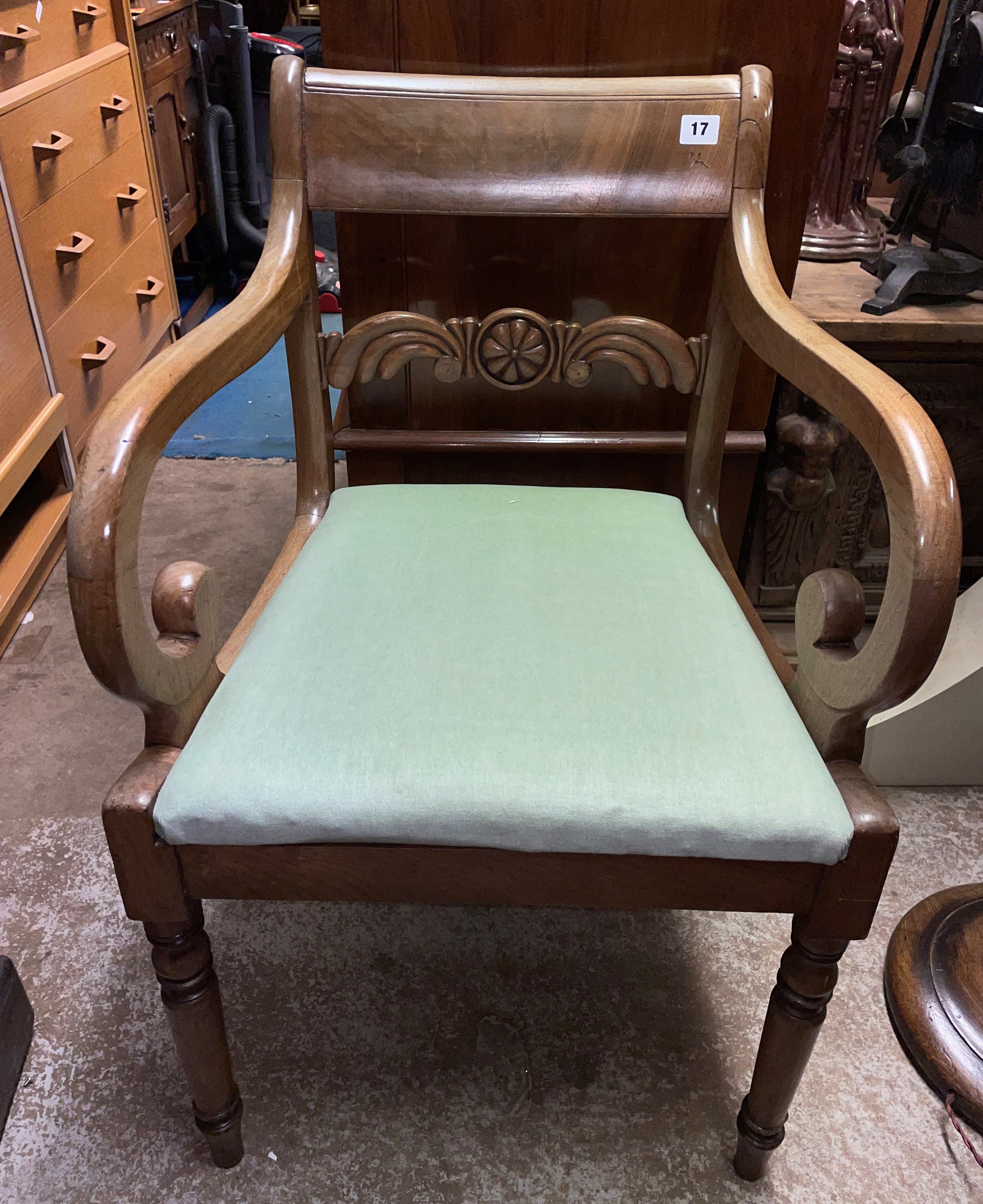 REGENCY MAHOGANY BAR BACK ELBOW CHAIR