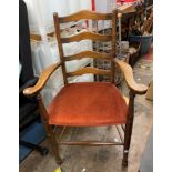 BEECH UPHOLSTERED LADDER BACK ELBOW CHAIR