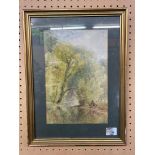 SIGNED WATERCOLOUR TITLED "FISHERMEN AT STONELEIGH, WARWICKSHIRE, 1908" BY H.E.