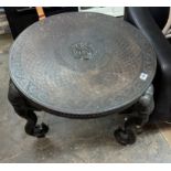 LATE 19TH CENTURY/EARLY 20TH CENTURY EBONISED HARDWOOD CHIP CARVED CIRCULAR TABLE WITH THREE