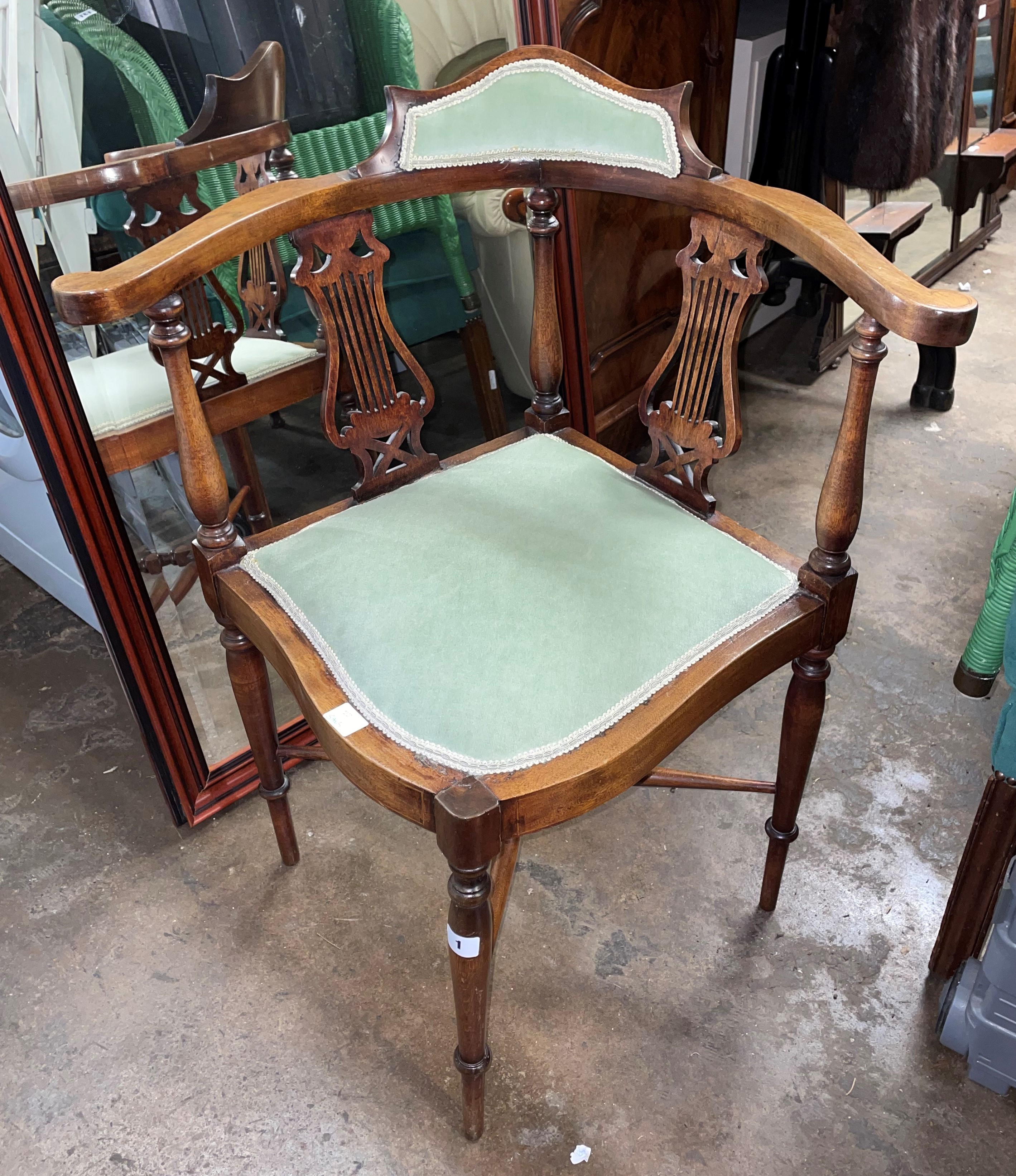 EDWARDIAN BEECH UPHOLSTERED LYRE BACKED CORNER ELBOW CHAIR - Image 2 of 6