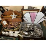 BOX OF PLATED CUTLERY, PLACEMATS, LETTER RACK,