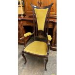 ARTS AND CRAFT BEECH MARQUETRY INLAID HIGH BACKED ELBOW CHAIR